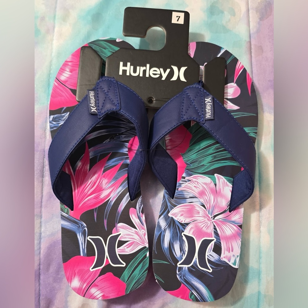 🌺🩴 Hurley Hawaiian themed Navy Blue and Pink Flip Flops - Mens Size 7